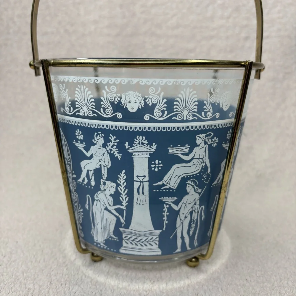 Vintage Jeanette Blue and White Wedgwood-Style Glass Ice Bucket with Brass Frame